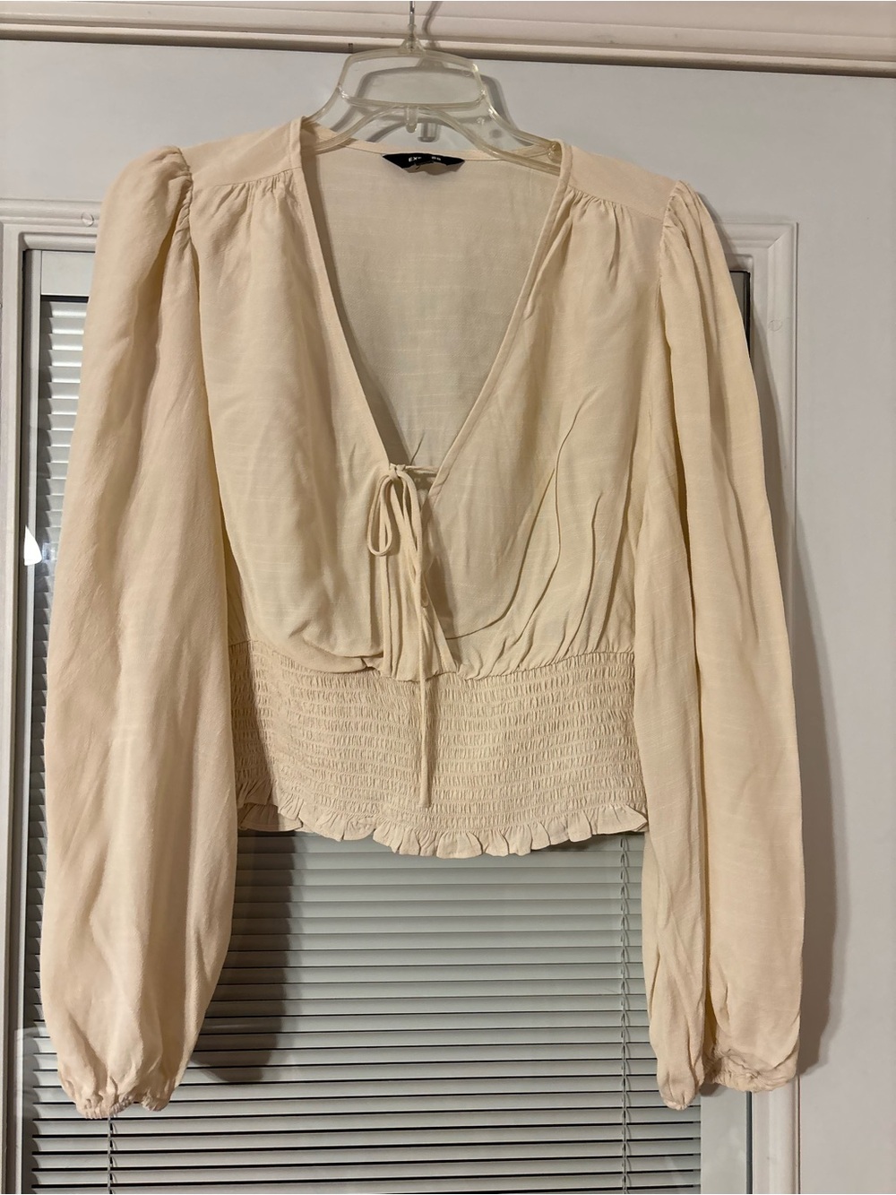 Express Cream V-Neck Tie Front Smocked Waist Blouse
